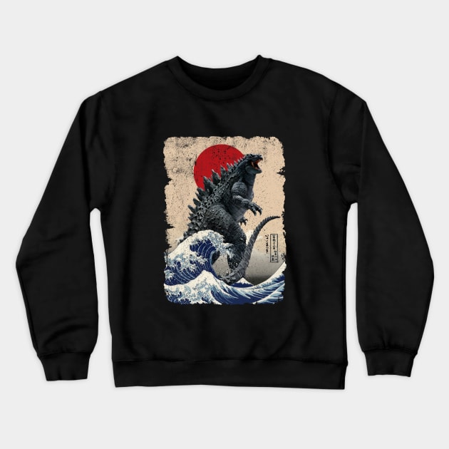 Godzilla and the Wave Tan Background - Rough Crewneck Sweatshirt by DavidLoblaw